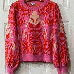 VOY Sz S Women's Sweater Pullover Hot Pink/Red Damask Print